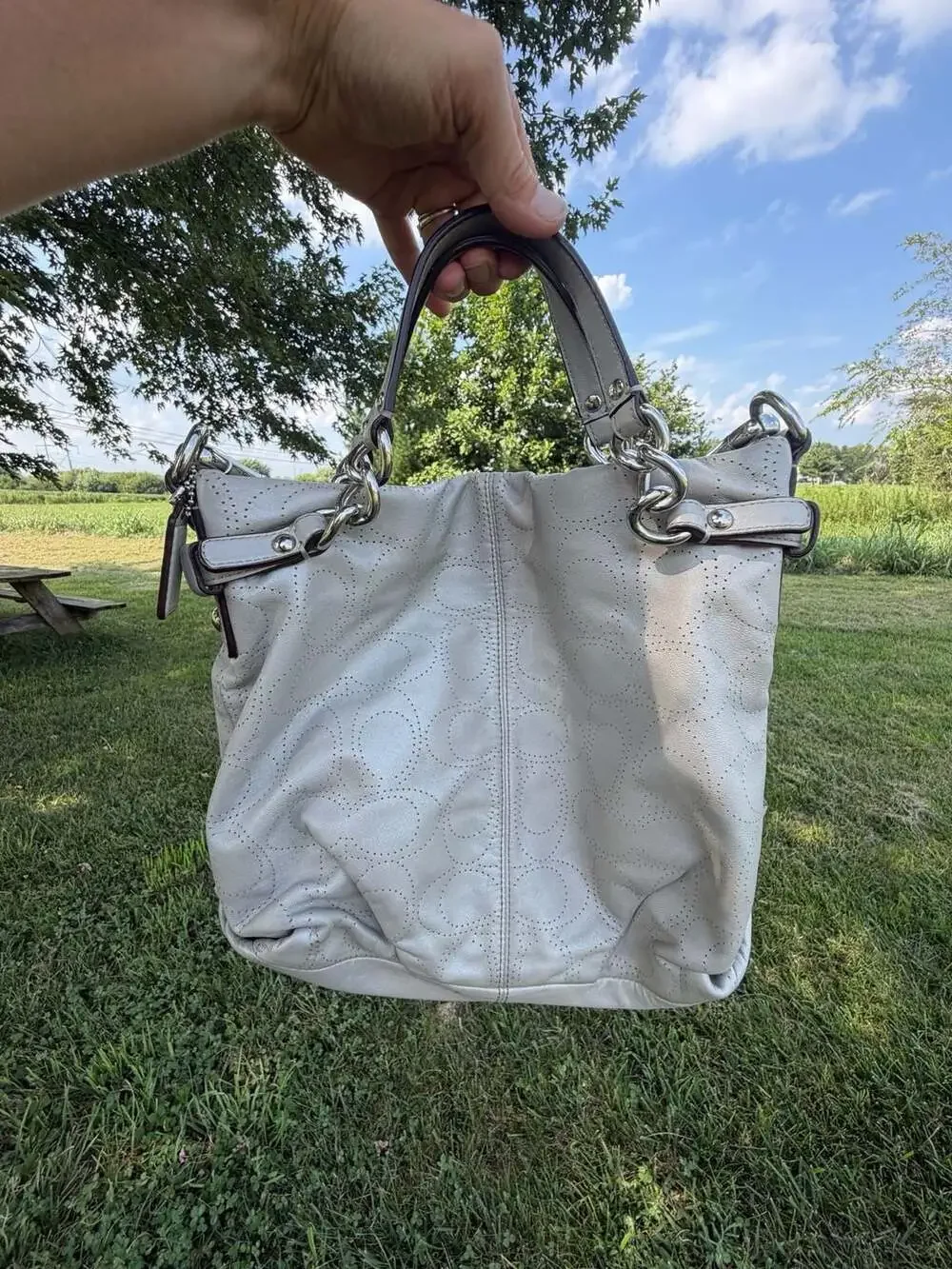 Gray Coach Brooke Perforated Leather Hobo Shoulder Bag F16908